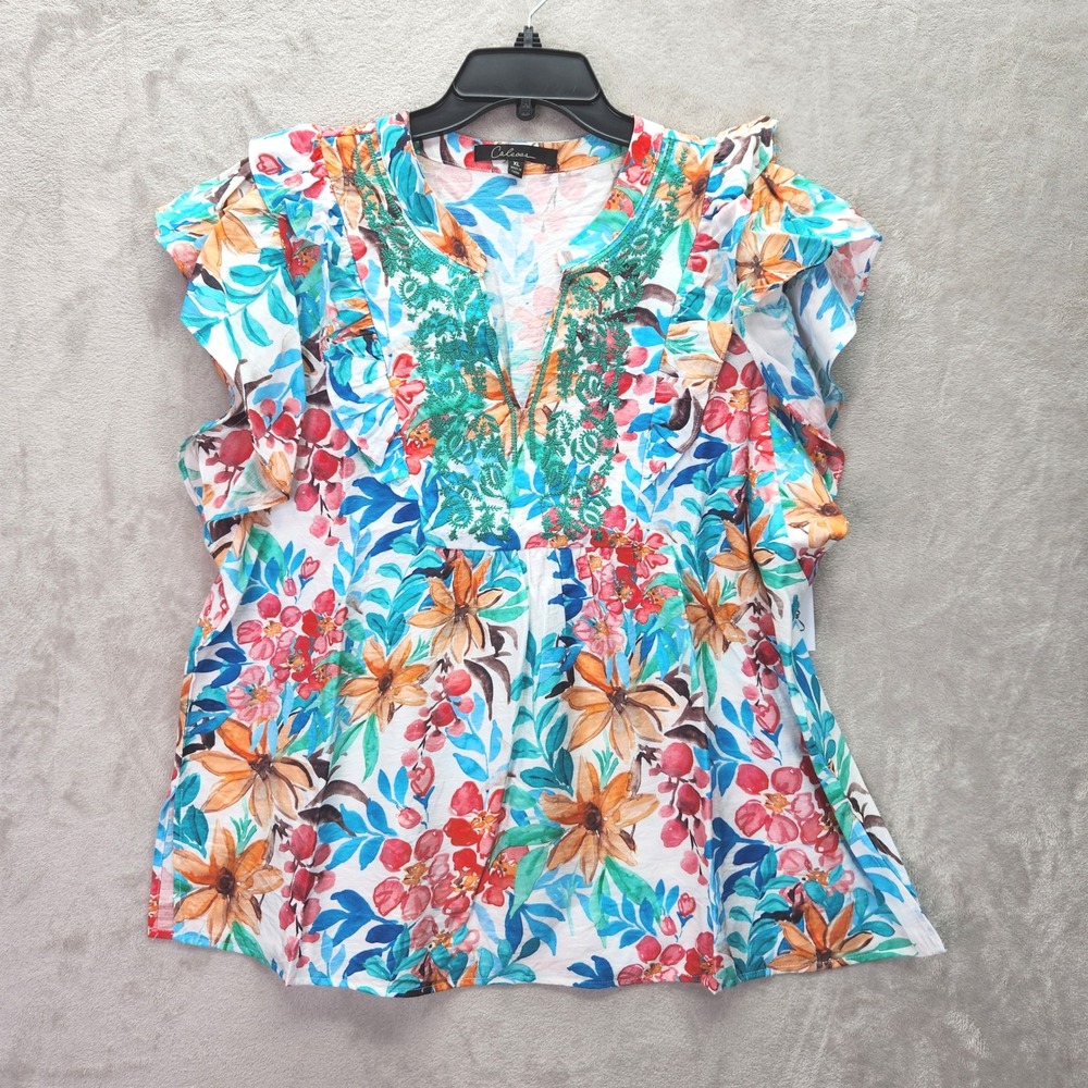 Calessa Womens XL Green Floral Embroidered Ruffle Sleeve V Neck‎ Blouse Top Boho